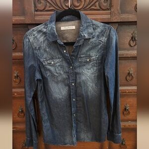 Mavi Blue Button Down Shirt Distressed Denim Look